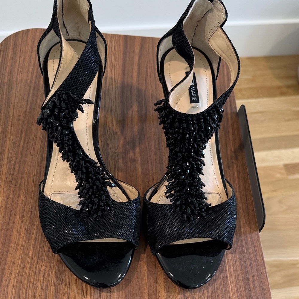 Alex Marie Black Beaded T-Strap High Heels